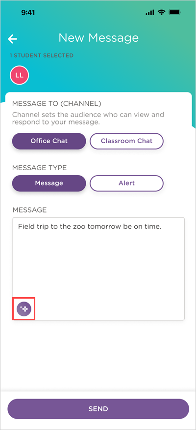 ai icon in child care mobile app message box