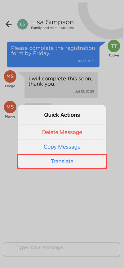 child care mobile app message translate menu option