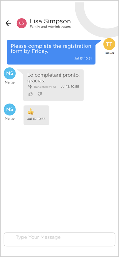 child care mobile app translated message with feedback