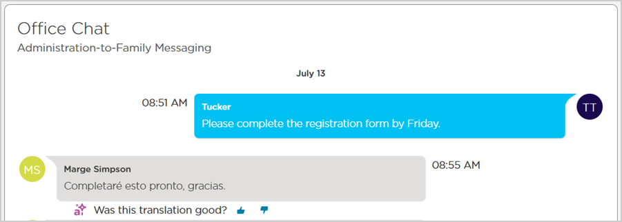 procare online message translated with feedback prompt