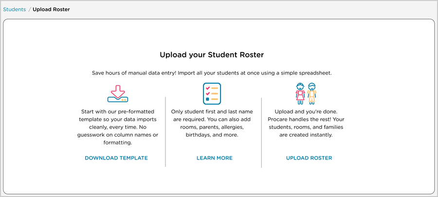 bulk upload students with options to download template and upload roster