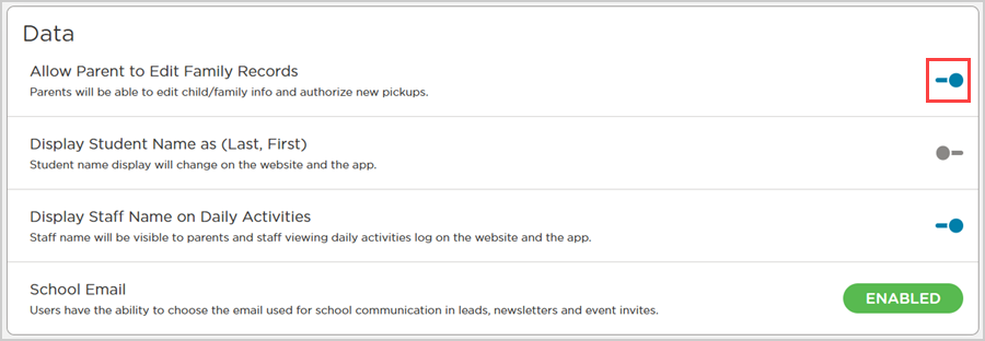 allow parent to edit family records toggled on