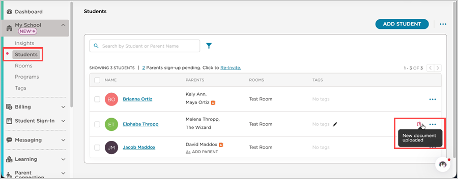 document notification indicators on students page