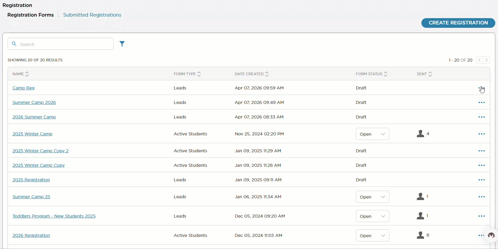 create registration - move fields