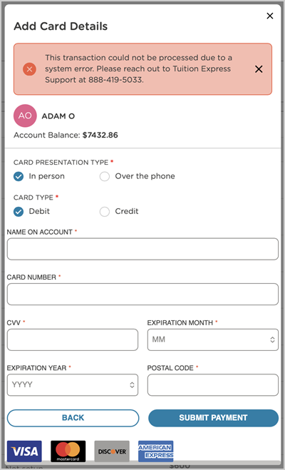 add card details error message