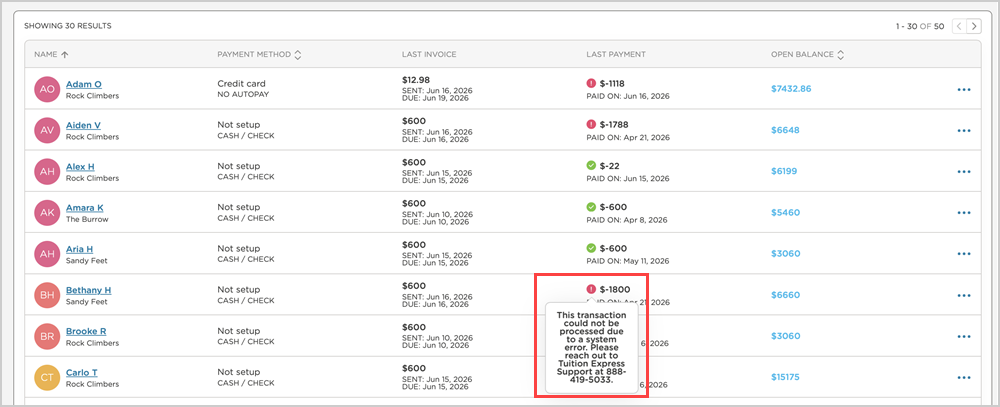 family account transaction error message