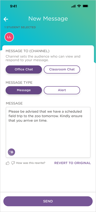 message draft with ai-rewritten text