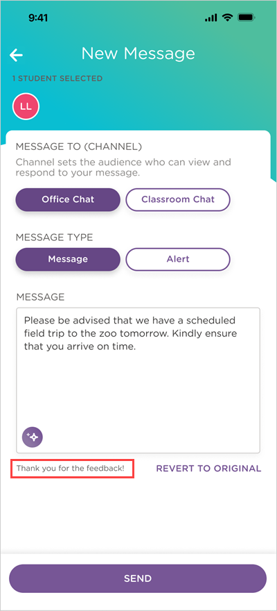 message window with ai rewrite feedback applied