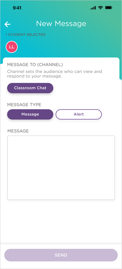 teacher message window with buttons to select channel and message type