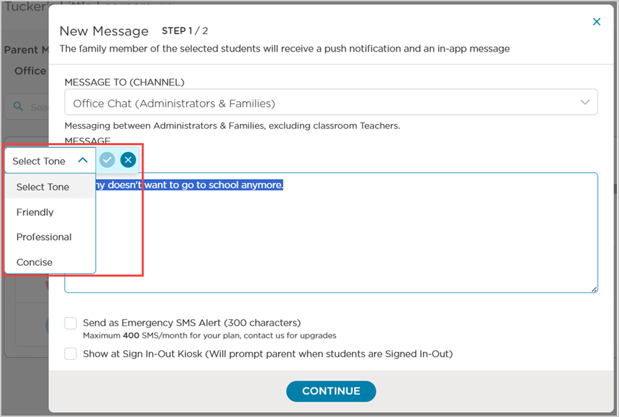web message window with draft text and ai rewrite menu options