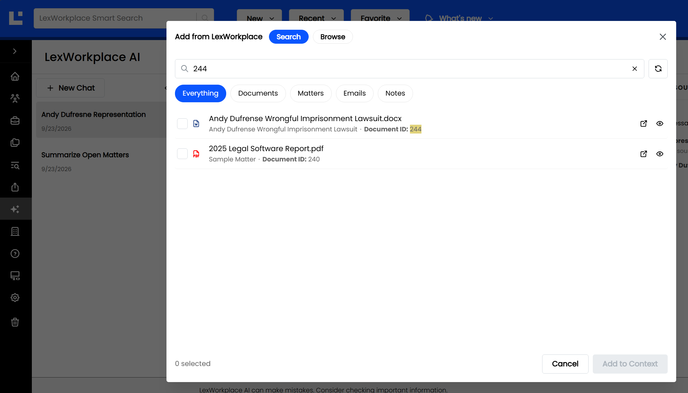 Document list showing Andy Dufresne representation and legal software report options.