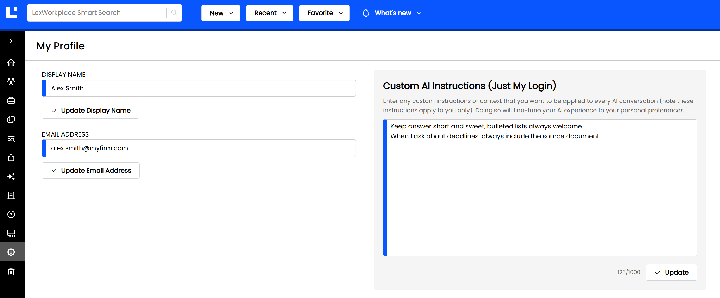 User profile settings with options to update display name and email address.