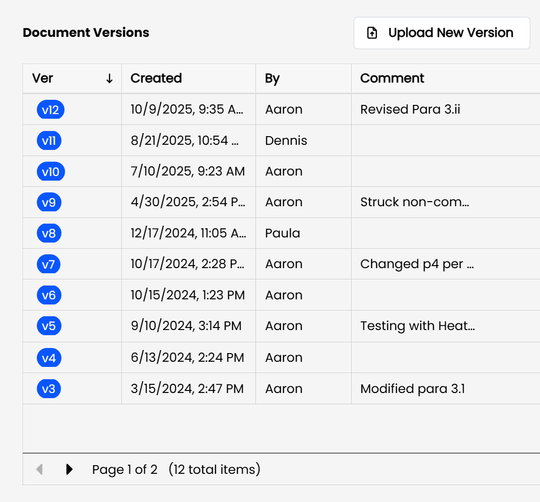 Document version history showing updates, authors, and comments for each version.