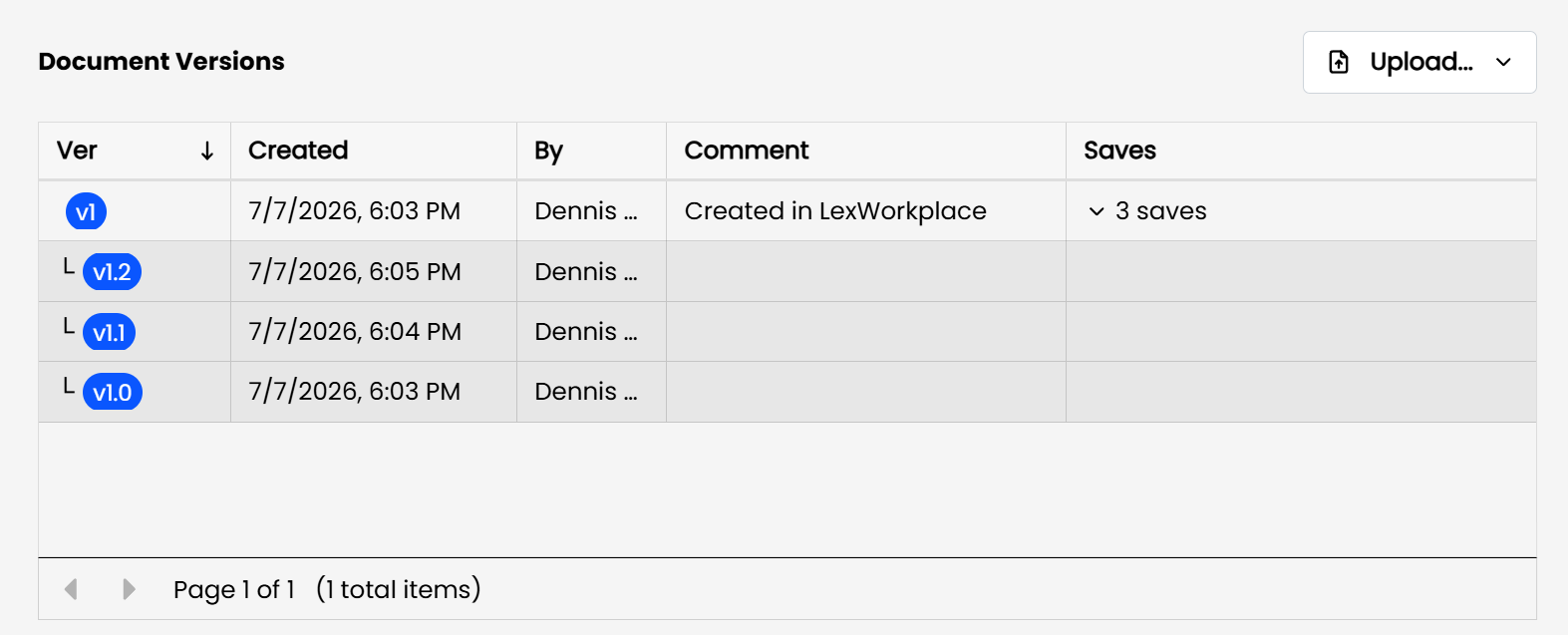 Document versions with timestamps, comments, and save counts for each version listed.