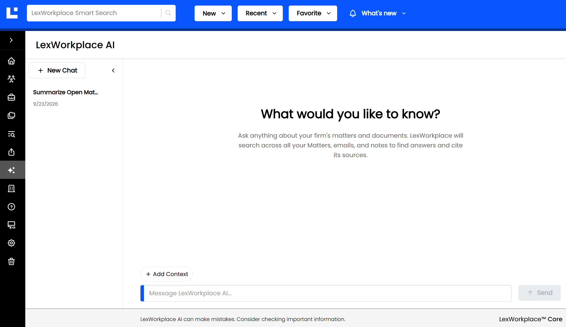 LexWorkplace AI interface displaying a chat feature for legal document inquiries.