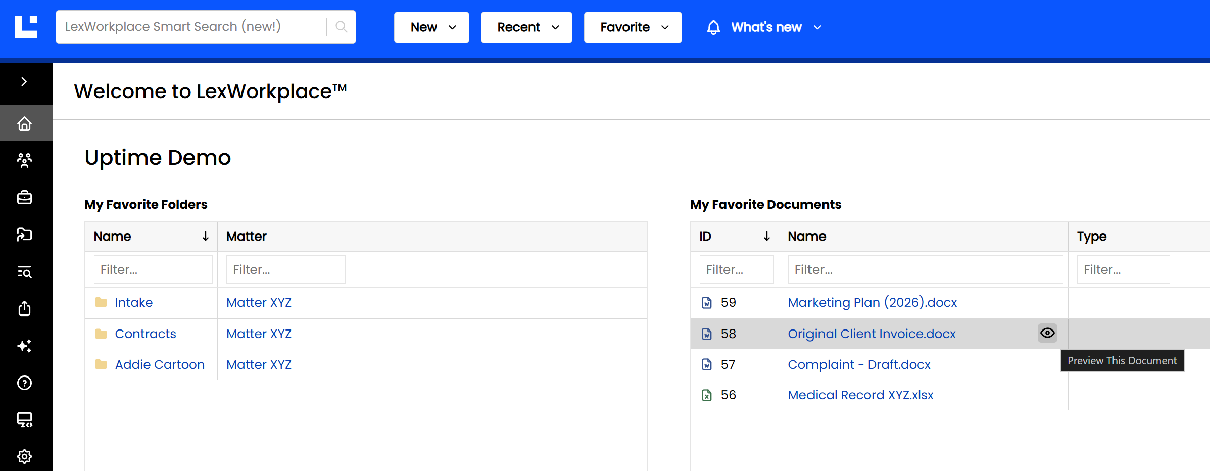LexWorkplace interface showing favorite folders and documents with a preview option.