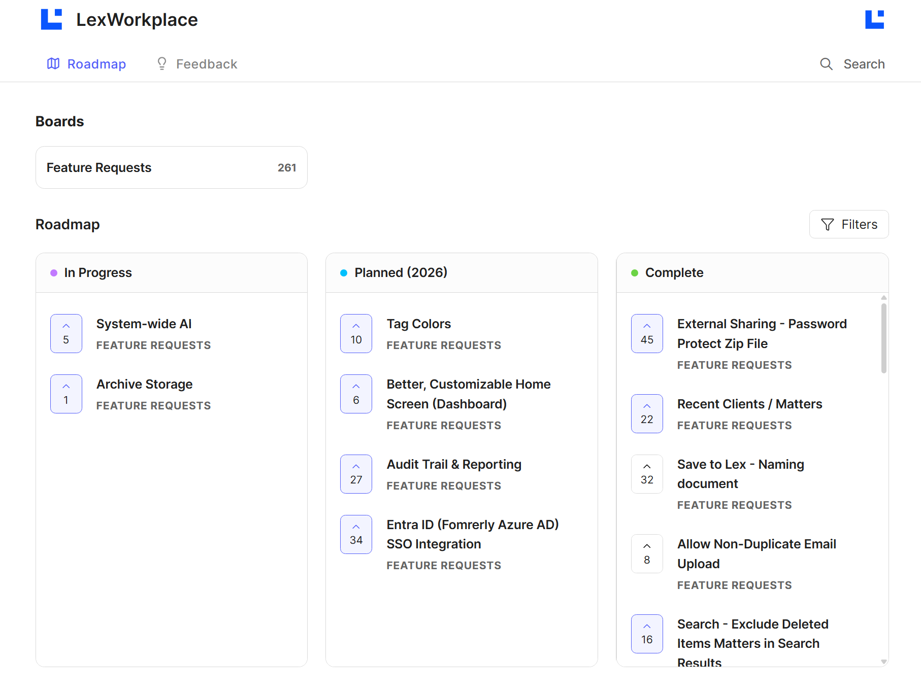 Feature requests roadmap showing tasks in progress, planned, and completed categories.