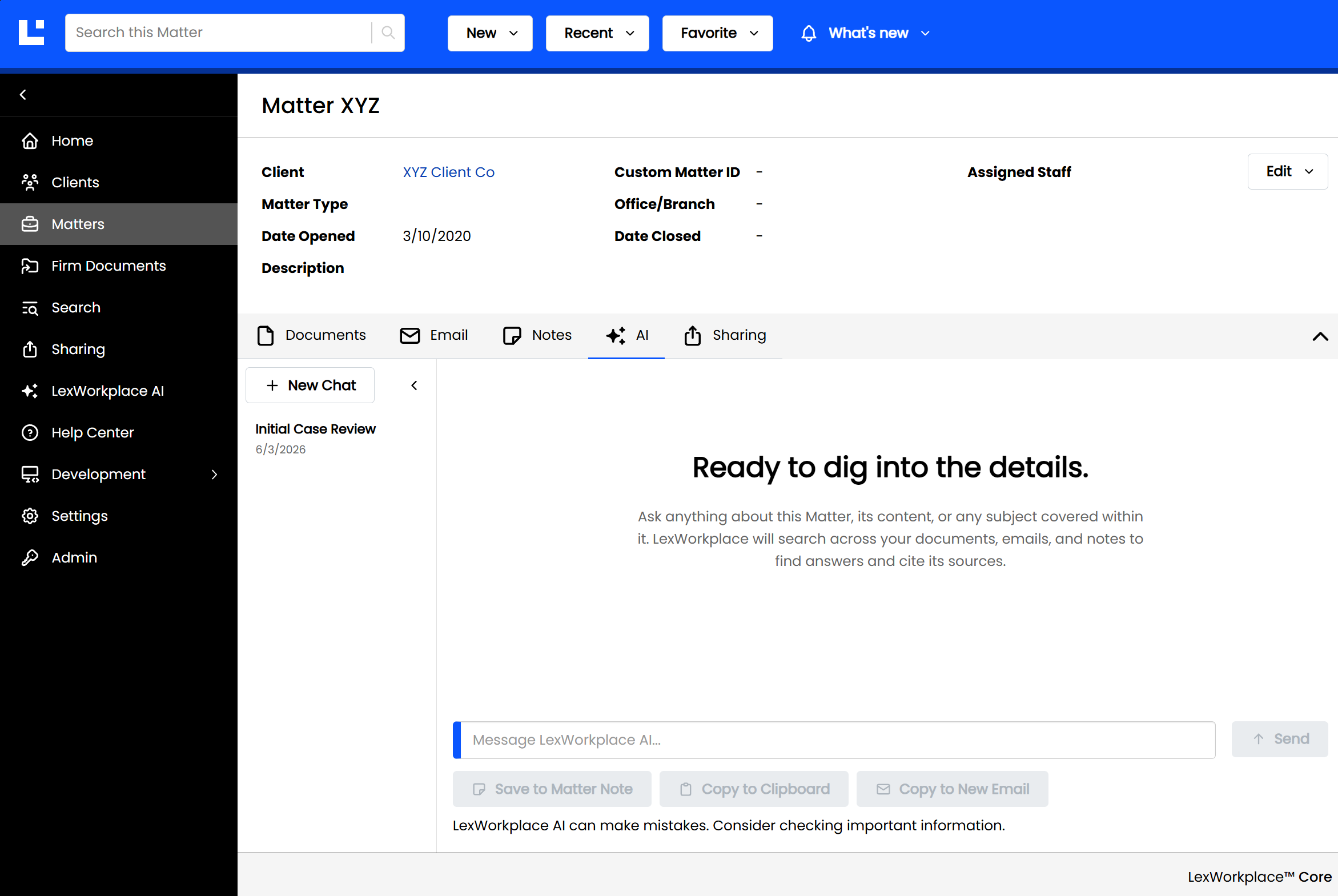 Overview of Matter XYZ with client details and AI assistance options displayed.