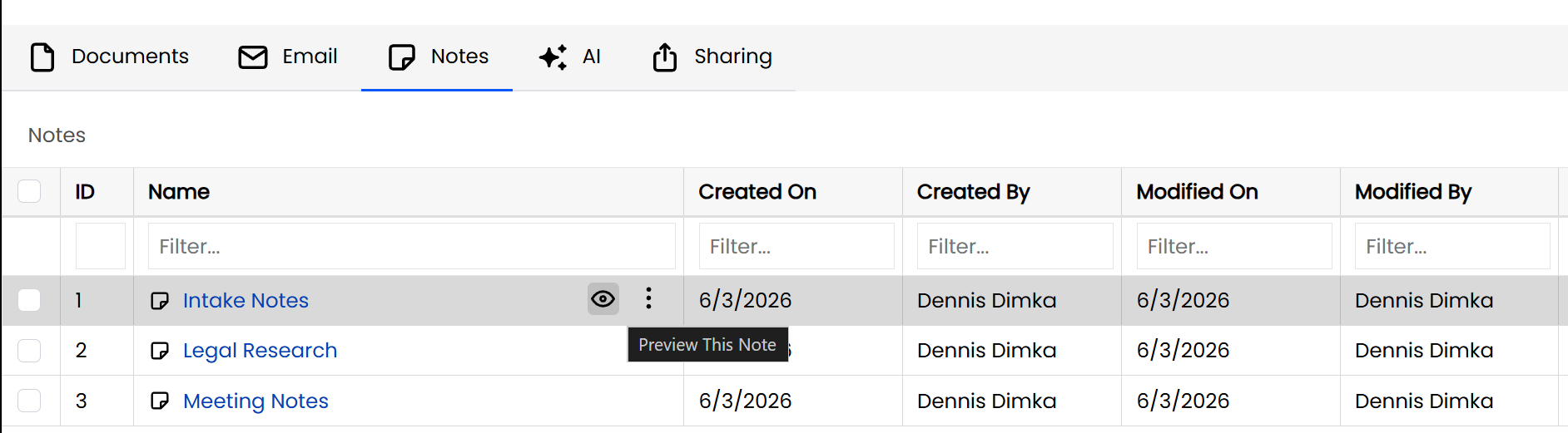Table displaying notes with options to filter and preview specific entries.