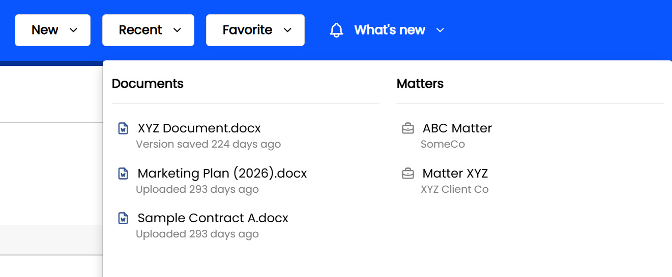 Document management interface displaying recent documents and matters for user access.