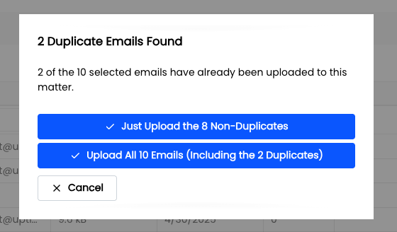 Popup notification indicating two duplicate emails found during upload process.