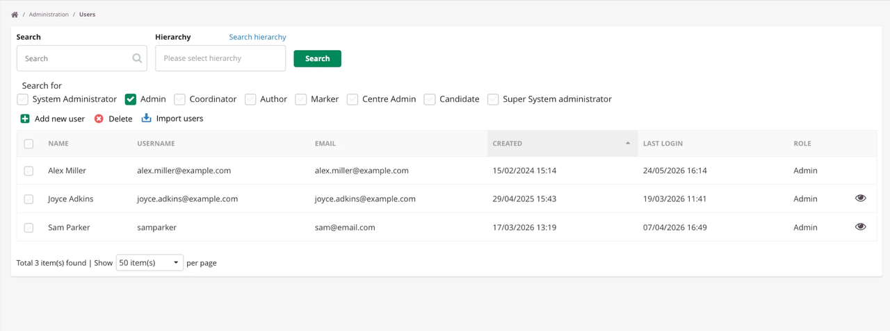 Users panel in Admin