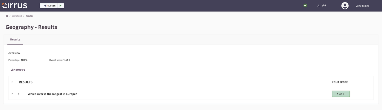Candidate summary screen listing every question with its score status
