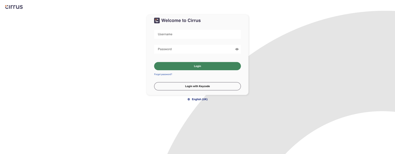 Cirrus author login screen with username and password fields