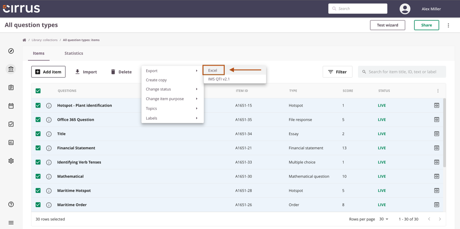 Export action on the items overview