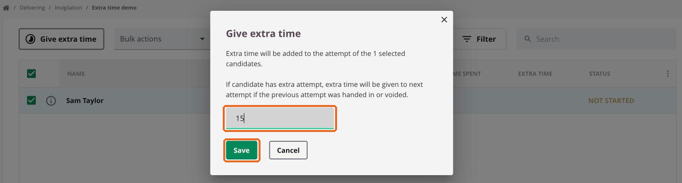 Give extra time dialog with 15 minutes entered and the Save button highlighted