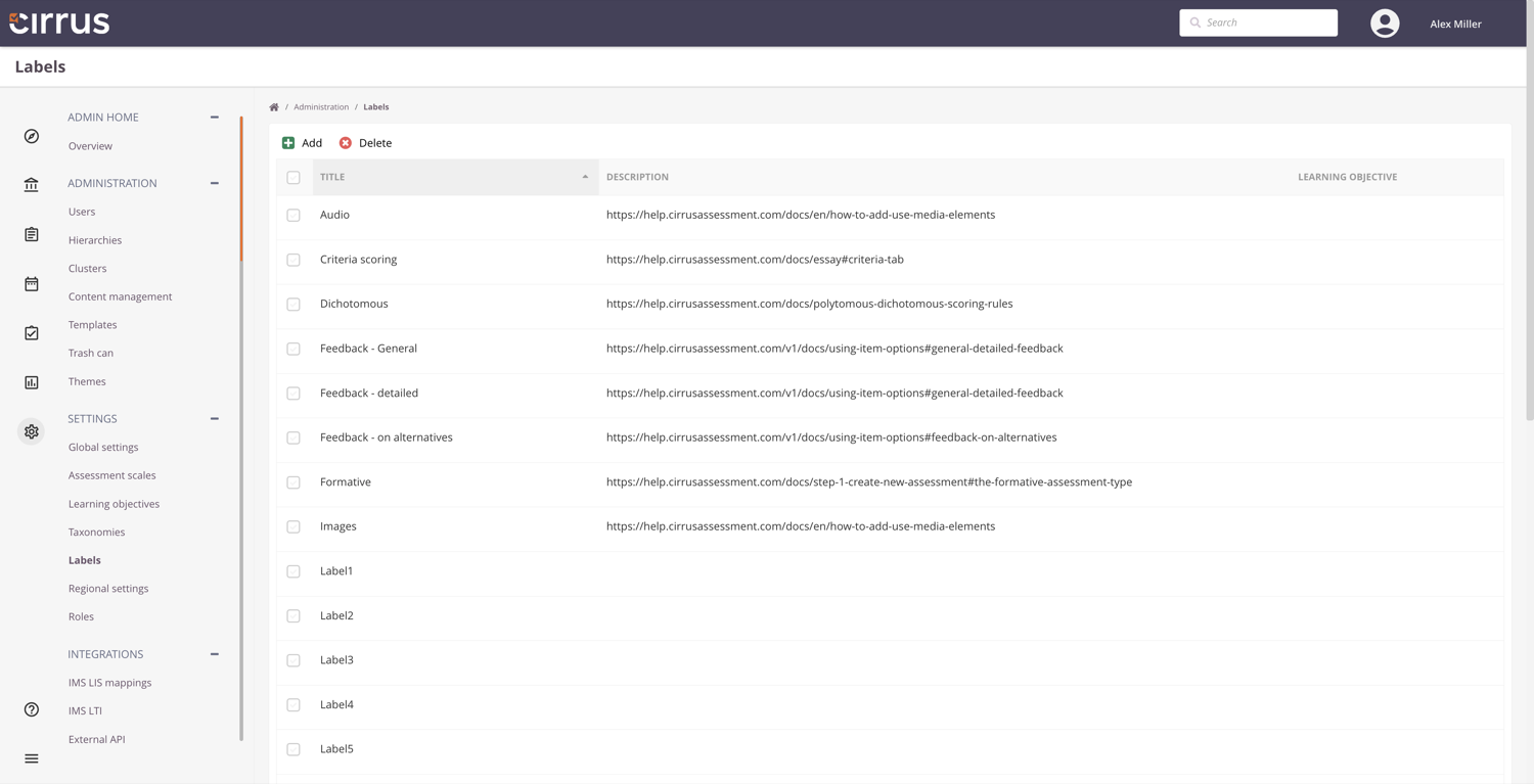 Manage labels dialog