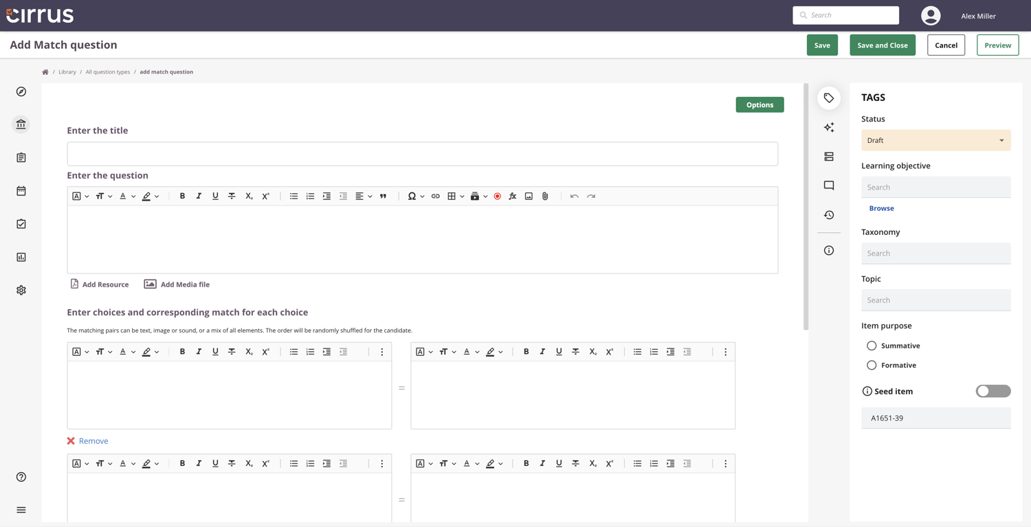 Match question editor in Cirrus
