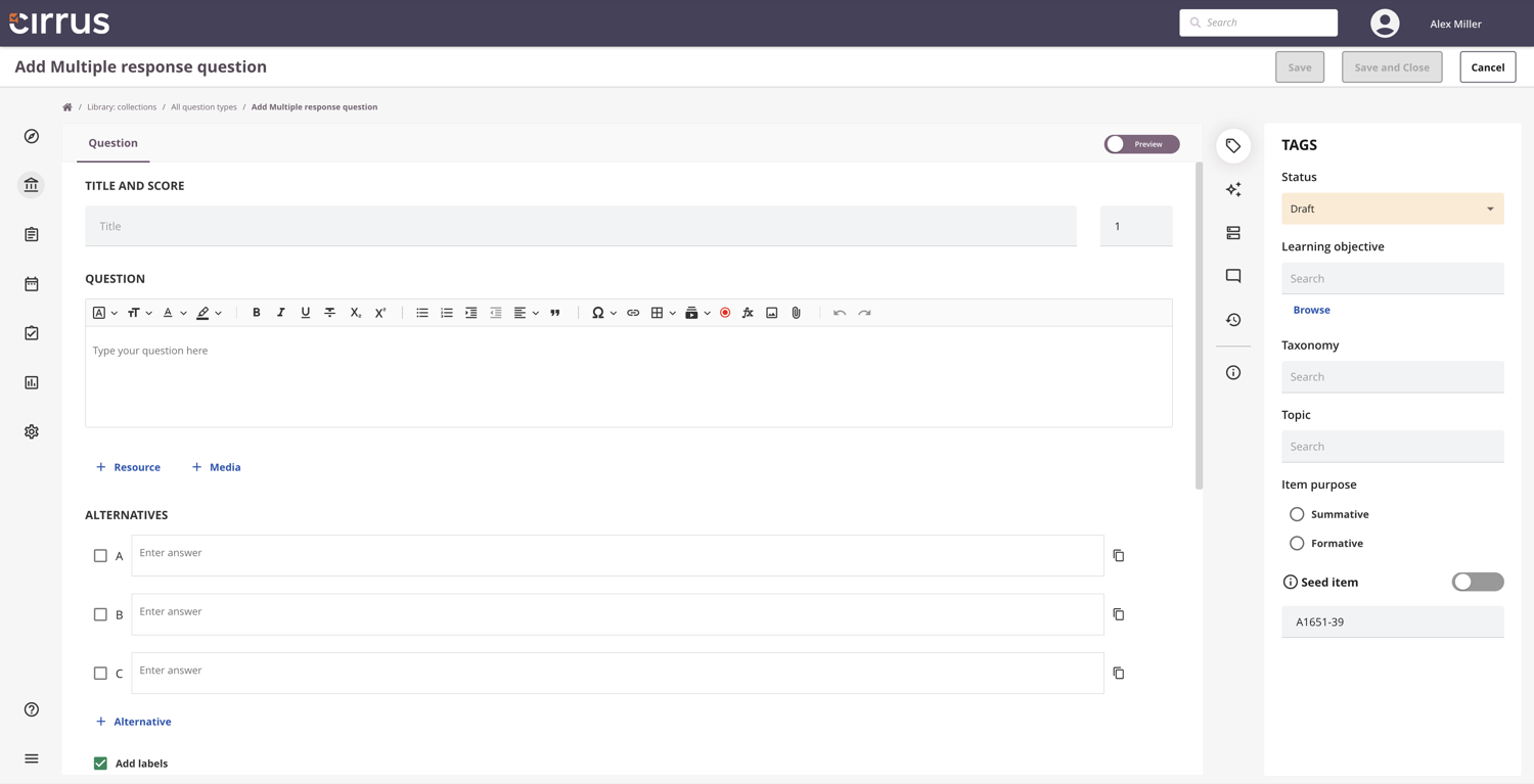 Multiple response question editor in Cirrus