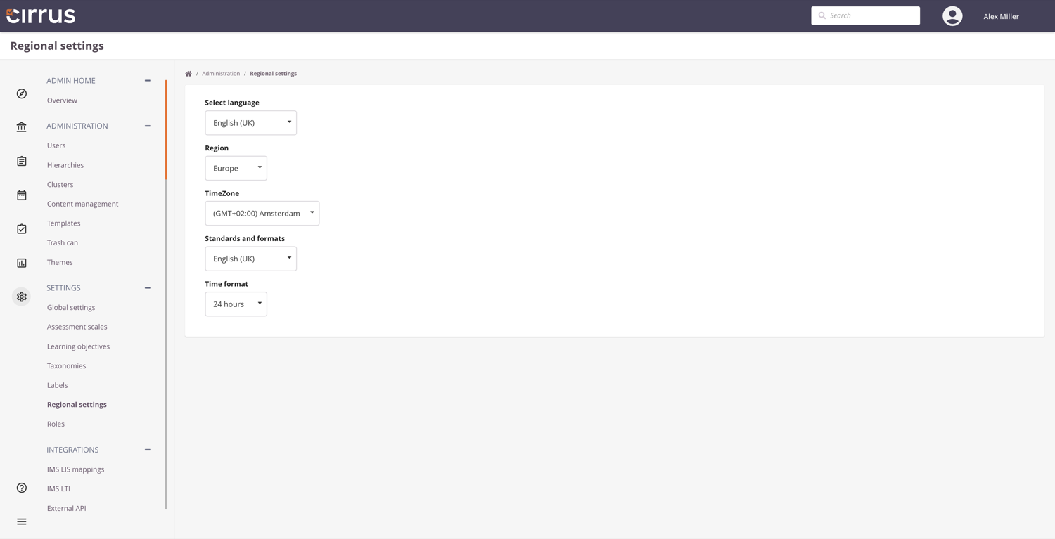 Regional settings under Admin