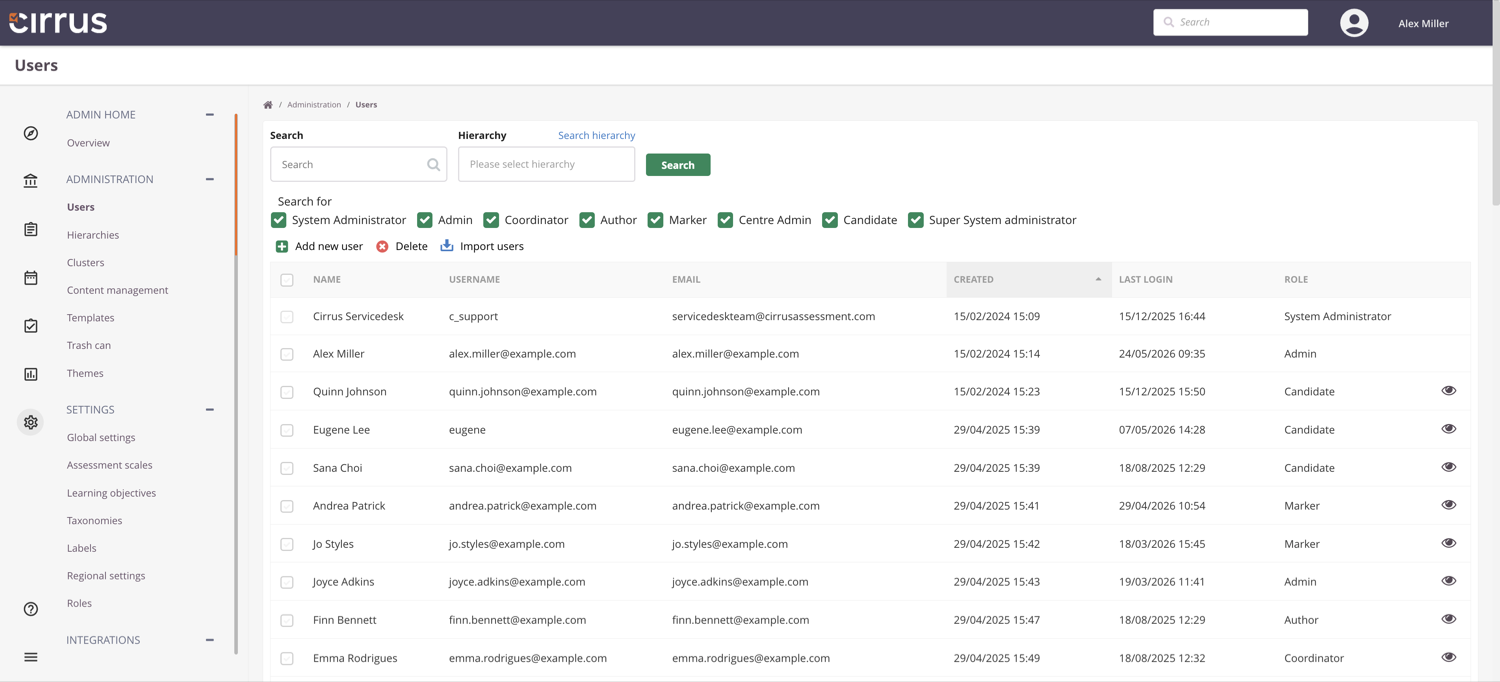 Administrator checkboxes on a user's Hierarchies tab