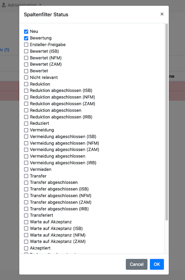 Spaltenfilterauswahl