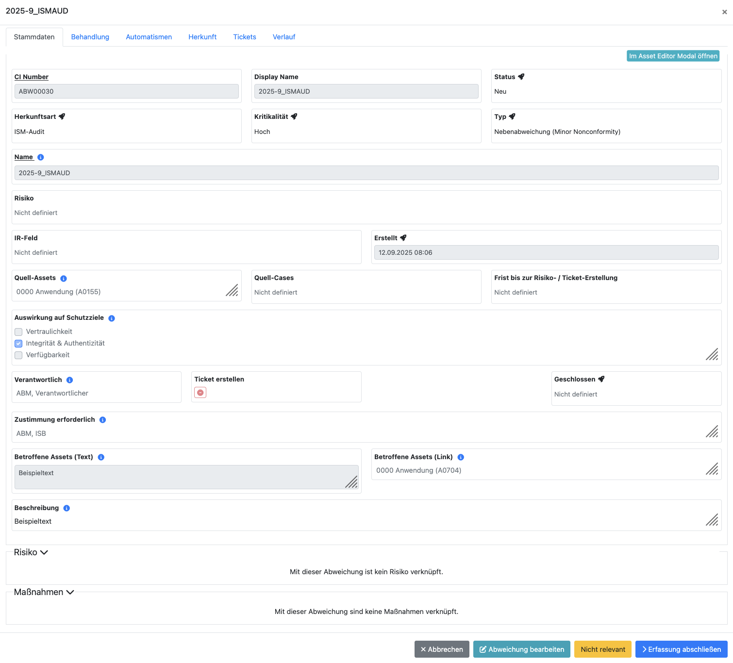 Erfasste Abweichung bearbeiten
