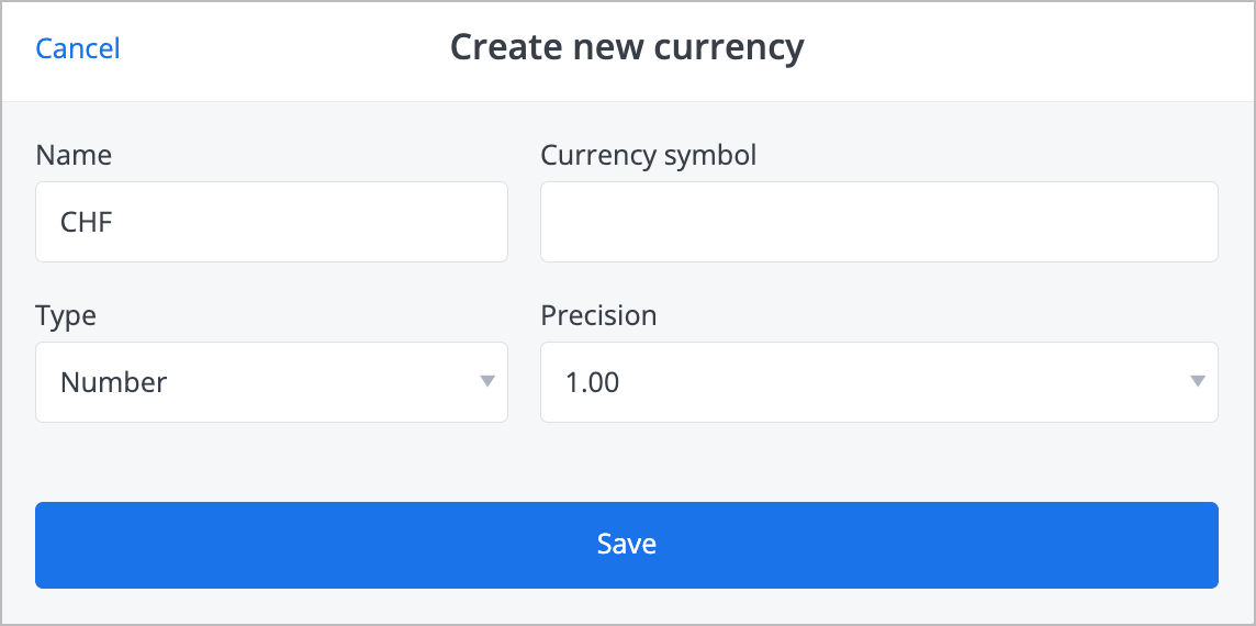 Create new currency dialog