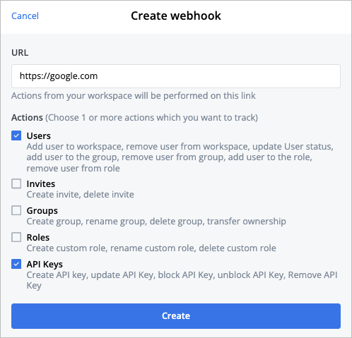 Create webhook dialog