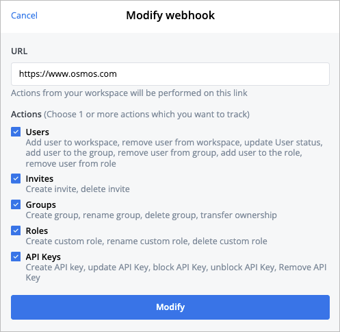 Modify webhook dialog