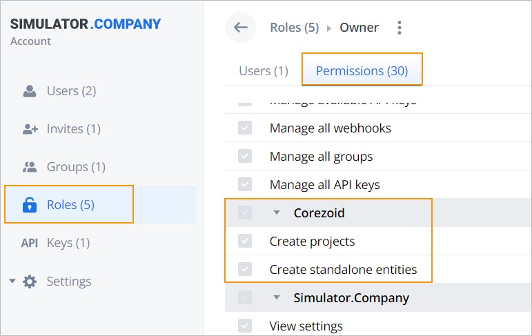 corezoid permissions in account