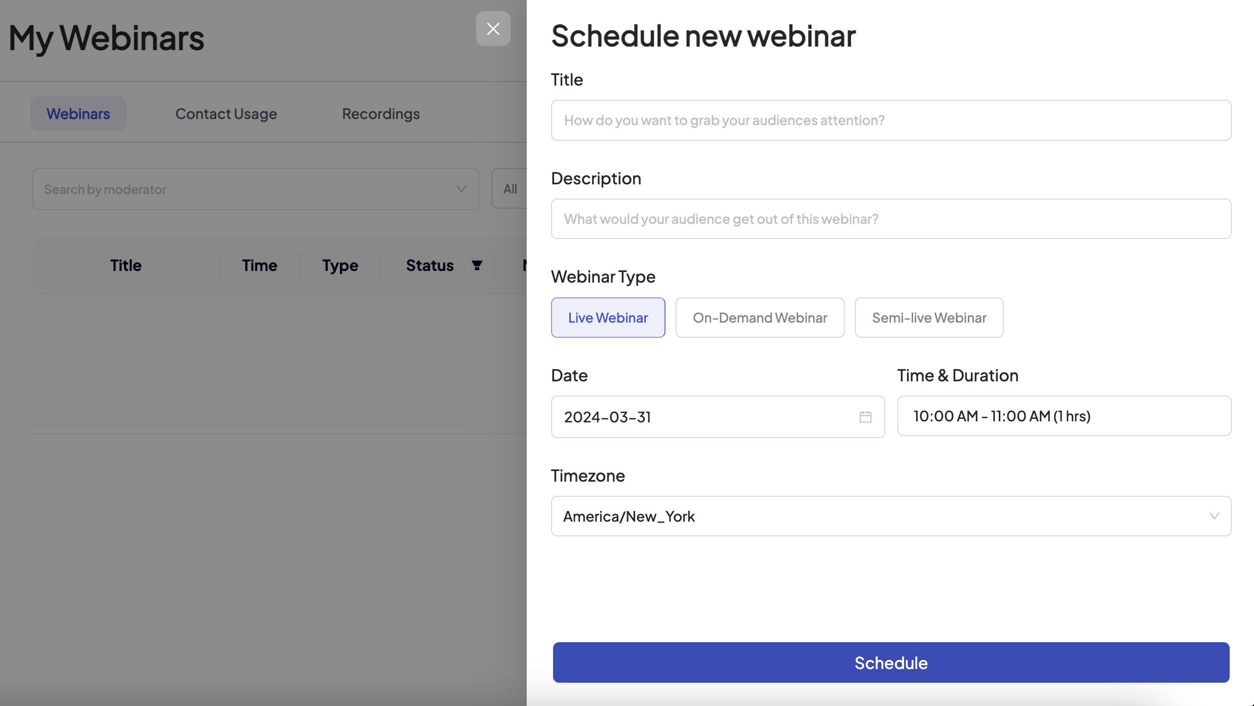 Scheduling webinar menu