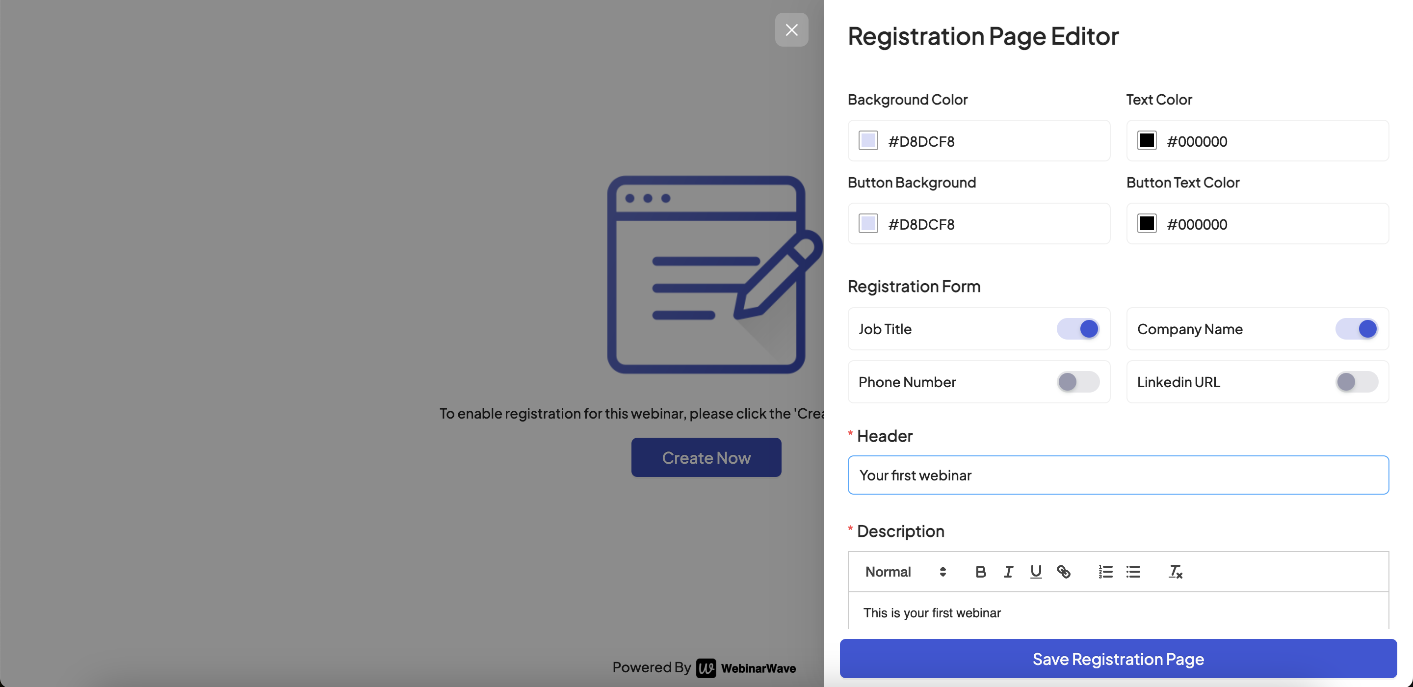 Registration page menu