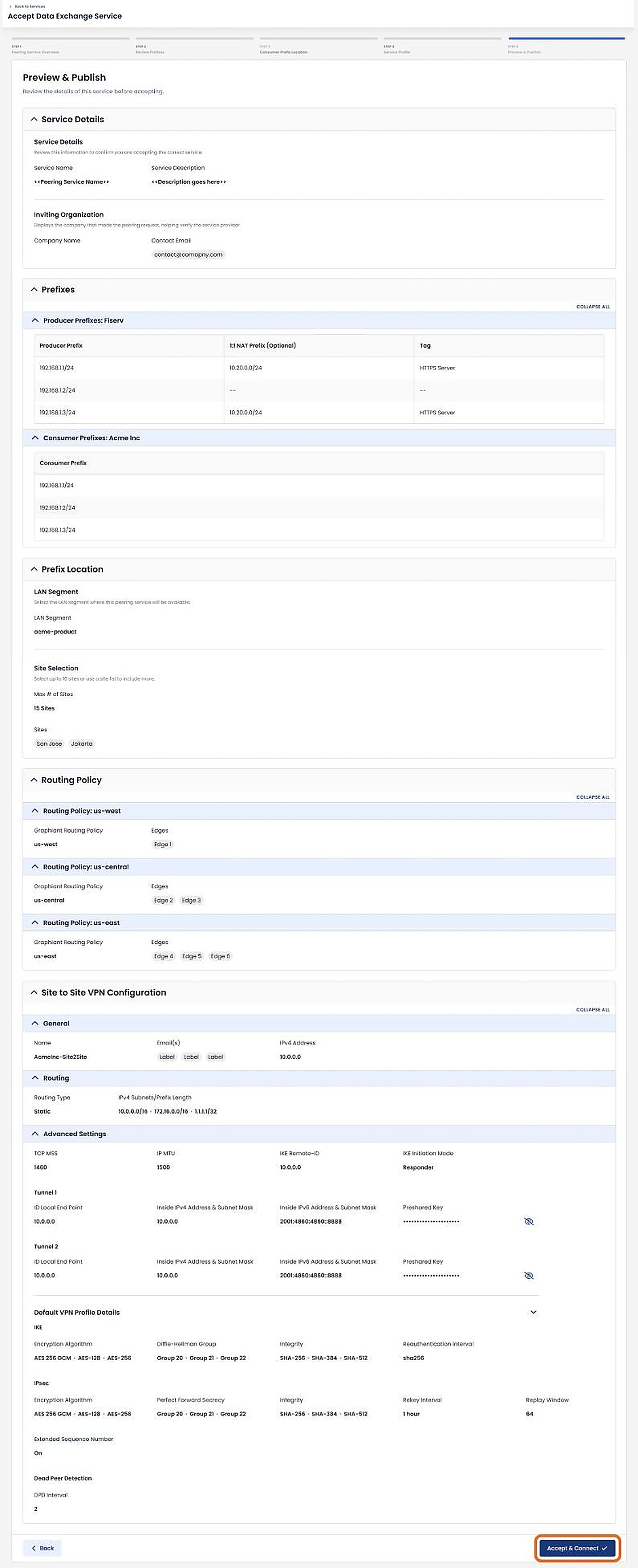Preview of data exchange service configuration with routing policies and VPN details.