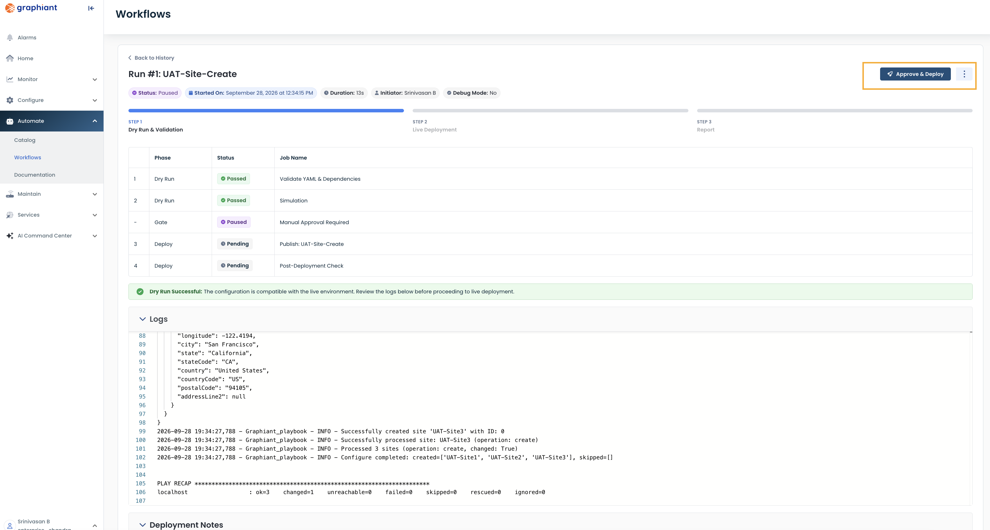 Run detail view with the Approve and Deploy button highlighted