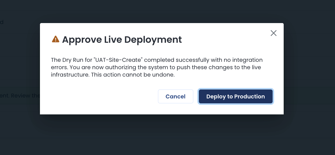 Approve Live Deployment confirmation dialog with the Deploy to Production button