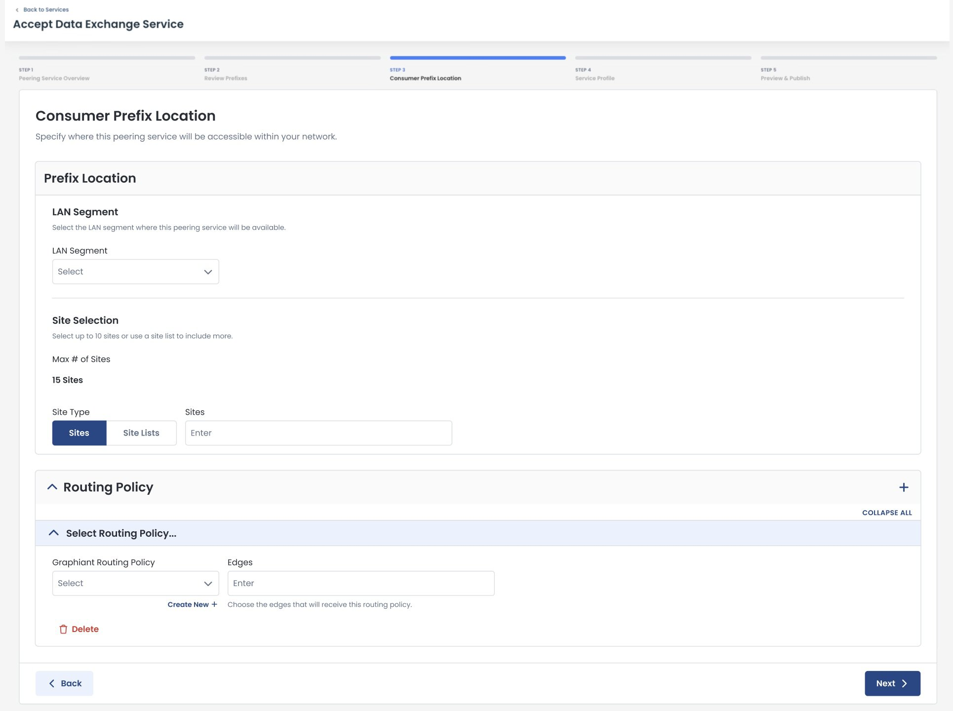 Form for selecting consumer prefix location and routing policy in data exchange service.
