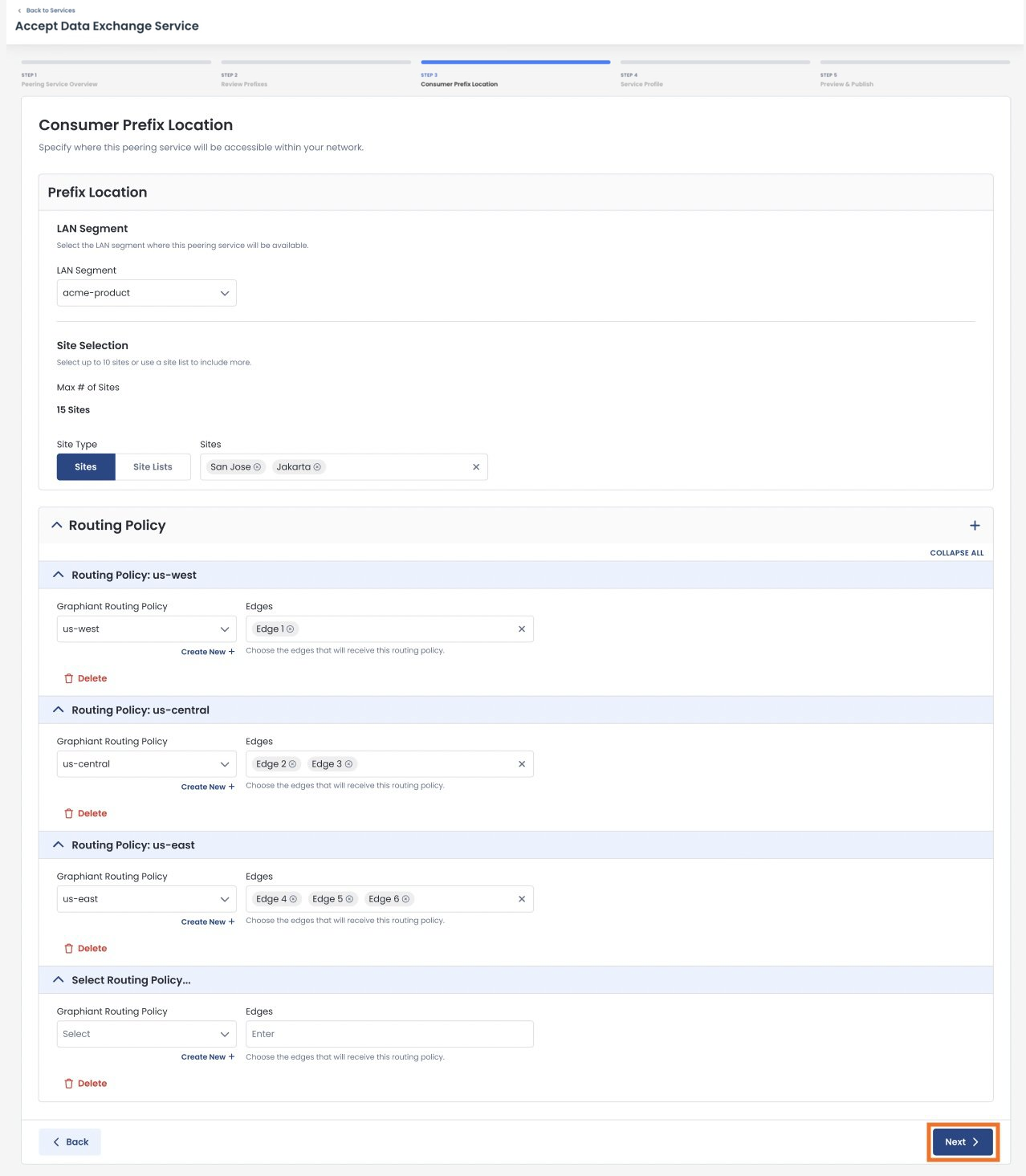 Configuration screen for data exchange service with routing policy options and site selection.