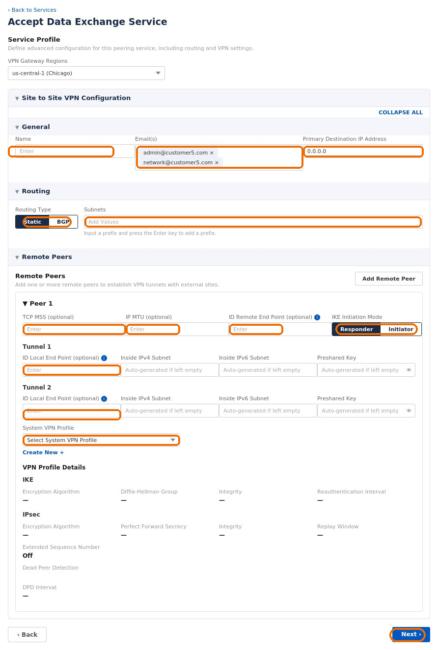 Configuration settings for Site-to-Site VPN including routing and peer details.
