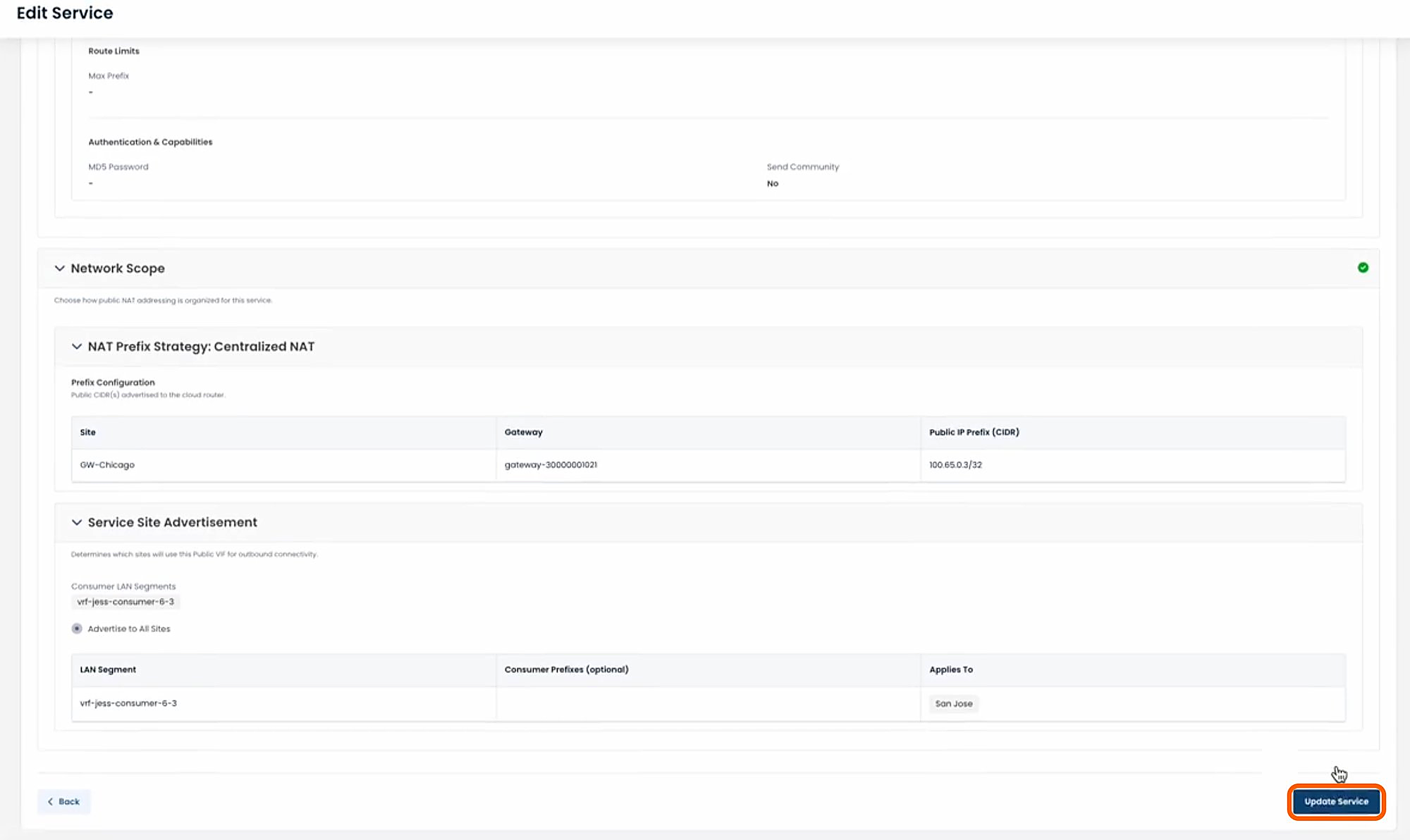 Configuration settings for NAT prefix strategy and service site advertisement details.